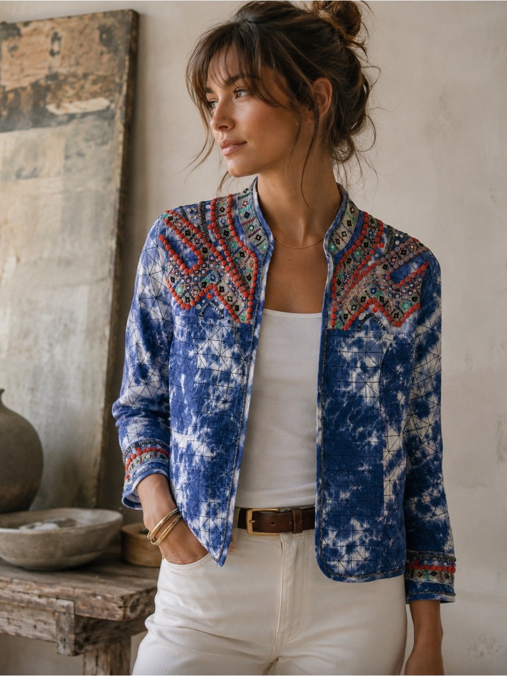 NEW Chico's Artisan Embellished Blue Tie Dye Quilted Jacket Small 4 Artsy Boho - Picture 16 of 16